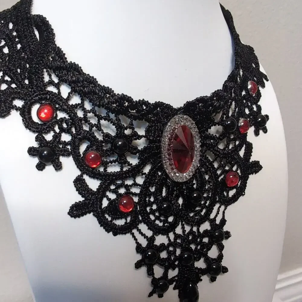Lace Choker Necklace with Red Gemstones Gothic